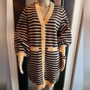 Striped Black and Tan Sweater Dress with Gold Accents